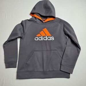 Adidas Hoodie Boys Medium 10/12 Gray Orange ClimaWarm‎ Logo Pullover Sweatshirt